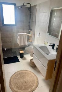 a bathroom with a sink and a toilet and a mirror at Chambres au calme avec piscine et jacuzzi in Valros