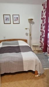 Un dormitorio con una cama con una manta. en Romantic2, en Szeged