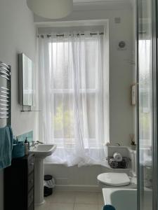 baño con lavabo y aseo y ventana en Hollyhocks Holiday Home-Luxury ground floor 2 bedroomed apartment sleeps 5, en Ivybridge