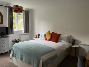Un dormitorio con una cama con almohadas de colores y una ventana en Hollyhocks Holiday Home-Luxury ground floor 2 bedroomed apartment sleeps 5, en Ivybridge