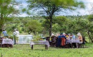 Un groupe de personnes assises à des tables dans l'herbe dans l'établissement Serengeti Wild Camp, à Serengeti