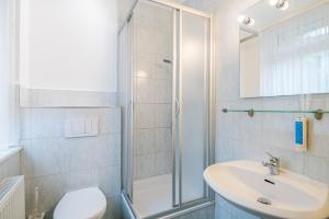 a bathroom with a shower and a sink and a toilet at Spree-Pension in Bautzen