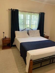 una camera da letto con un grande letto con tende blu di ECOVALE-KIJABE a Kijabe