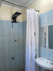 a bathroom with a shower curtain and a sink at ECOVALE-KIJABE in Kijabe