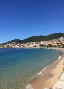 a view of a beach with houses in the background at Résidence City Suites Ajaccio in Ajaccio