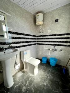 a bathroom with a white toilet and a sink at Hill Side Inn in Shimla