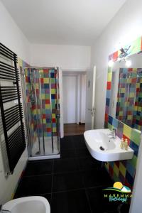 La salle de bains est pourvue d'un lavabo et d'une douche. dans l'établissement Maremma Holidays -Trento Apartment, à Follonica
