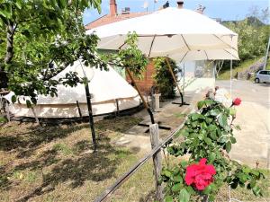 a white umbrella and a fence with a red flower at Gole Alcantara mini Glamping Lanternavacanze in Motta Camastra