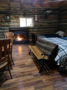 Blockhausschlafzimmer mit einem Bett und einem Kamin in der Unterkunft Rustic Ridge in Penn Yan