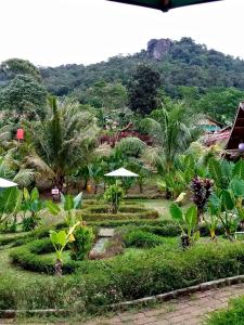 a resort with palm trees and a mountain in the background at Duren medan Twbm Rumpin in Sawah