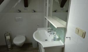 Baño blanco con lavabo y aseo en Ferienhaus Luppath, en Poseritz