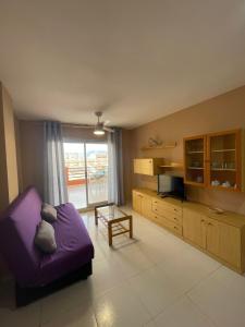 佩尼伊斯科拉的住宿－Alpen1 Europeñiscola，客厅配有紫色沙发和电视