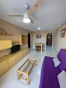 佩尼伊斯科拉的住宿－Alpen1 Europeñiscola，客厅配有紫色沙发和电视