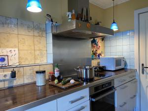 a kitchen with a counter top with a stove and a microwave at Rosenhaus Assinghausen in Olsberg