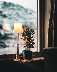 a lamp sitting on a window sill next to a potted plant at Frøken Skjolds Hotel Lyngengården in Mosjøen
