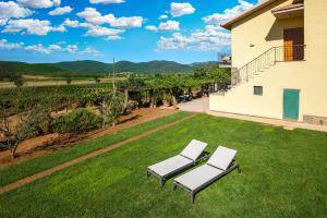 two lounge chairs on a lawn next to a building at Poggiolivi Agriturismo Bio in Maremma in Alberese