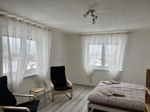 a bedroom with a bed and a chair and windows at Kozákov Apartmány - druhé patro 