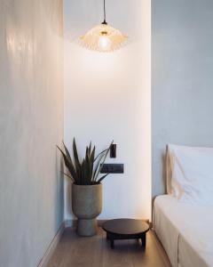 een slaapkamer met een potplant en een tafel bij Kilistra Lindian Living in Lindos