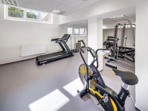 a gym with a bike and two tread machines at LUXURY APARTMENT VBLOKU in Prague