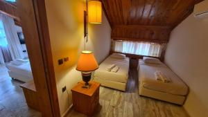 Dormitorio pequeño con 2 camas y lámpara en Bc Spa Hotel, en Dalyan