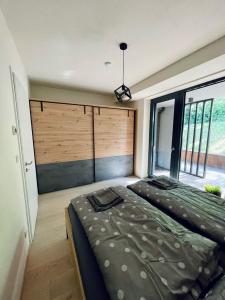 a bedroom with two beds and a large window at Apartmán Domenica 103 in Frischwinkel +7 photos