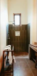 a bathroom with a shower with a sink and a window at Giman Free Beach Resort in Pasikuda