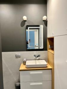 a bathroom with a sink and a mirror at LAWENDOWE NOCOWANIE Zdrojowa 9 lok1A in Kudowa-Zdrój