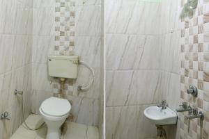 two pictures of a bathroom with a toilet and a sink at FabHotel Shivam Palace in Varanasi