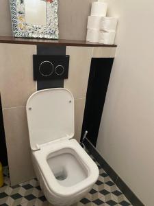 La salle de bains est pourvue de toilettes, d'un lavabo et d'un miroir. dans l'établissement Casa Chiquinha, à Ribeira da Prata