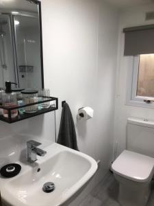 un bagno bianco con lavandino e WC di 8F Lakeside Lodge Caer Beris Builth Wells - No Tradesman a Builth Wells Altre 21 foto