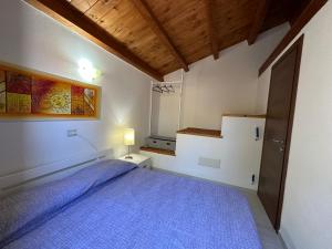 Un dormitorio con una cama azul y una ventana en Villa Ludi en Maladroscia