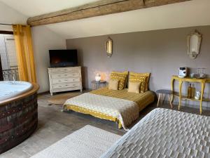 - une chambre avec une baignoire, un lit et une télévision dans l'établissement Côté Dentelles, à Vacqueyras 85 autres photos