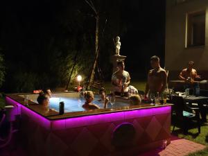 un gruppo di persone in una vasca idromassaggio di notte di Hill View Delux House nearby Budapest with Pool & AC a Pilisszentiván