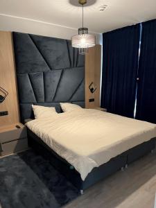 a bedroom with a large bed with a black headboard at Ap by Zora Navodari in Năvodari