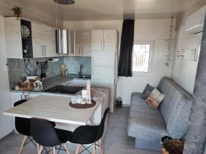 a kitchen and living room with a table and a couch at Hollers Holiday Homes Haus Mary in Drage +48 photos