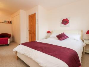 a bedroom with a large bed with a red pillow at Plum Cottage in Colebrooke