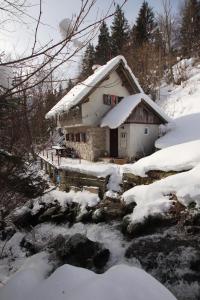 ein Haus im Schnee neben einem Bach in der Unterkunft HANSEL & GRETEL CABINs in Zgornja Sorica
