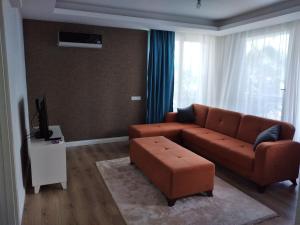 een woonkamer met een bruine bank en een tv bij Şehir merkezinde iki odalı daire in Antalya