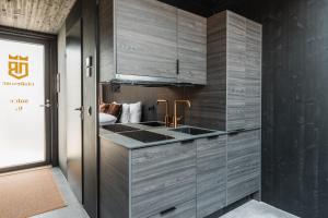 a kitchen with gray cabinets and a sink at Levi OloResort Suite in Levi