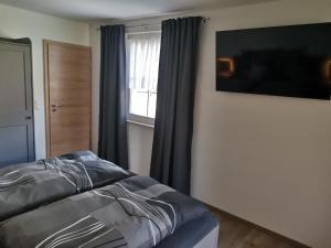 a bedroom with a bed and a television on a wall at Ferienwohnung Paulinzella 9 inklusive Parkplatz und WLAN in Königsee