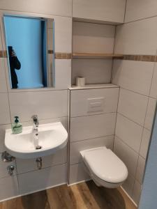 La salle de bains est pourvue de toilettes, d'un lavabo et d'un miroir. dans l'établissement Ferienwohnung Paulinzella 9 inklusive Parkplatz und WLAN, à Königsee
