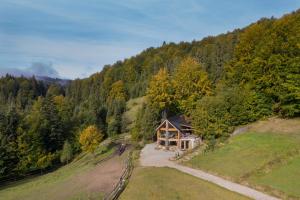 an aerial view of a cabin in the middle of a forest at Górna Chata Mountains Chalet - Stable Cottage in Ochotnica Górna