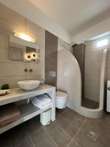Un baño con lavabo, inodoro y ducha. en Petit Homme by Andreas, en Perissa