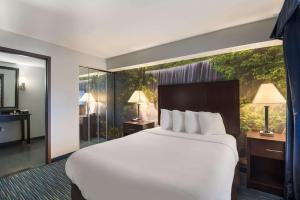 una camera d'albergo con un letto grande e una grande finestra di Clarion Pointe Downtown a Syracuse