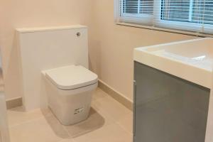 een badkamer met een wit toilet en een wastafel bij Beautiful Peaceful Cottage Overlooking The Museum in Weybridge