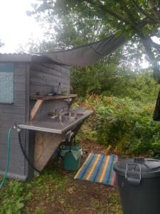 a sink in a backyard with a house at Blackberry Patch in Pont Yates