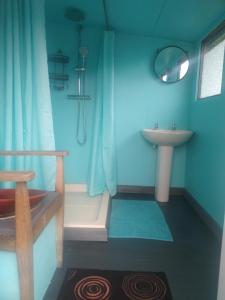 a blue bathroom with a sink and a shower at Blackberry Patch in Pont Yates