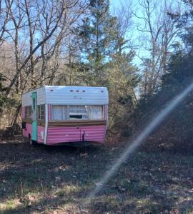 a pink and white trailer parked in a field at Goin Bonanza Glamping Ranch in Hardy