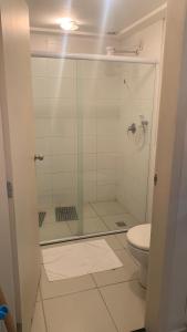 uma casa de banho com uma cabina de duche em vidro e um WC. em Flat Village - Aldeia das Águas em Barra do Piraí