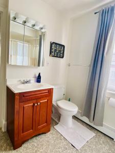 a bathroom with a toilet and a sink and a shower at Northey Street House in Salem